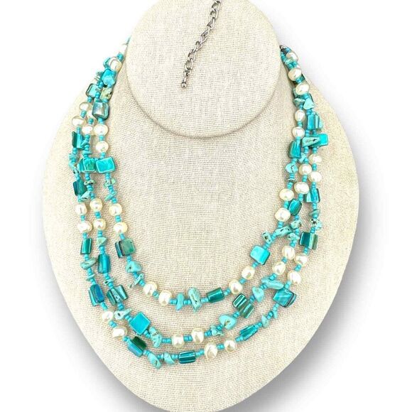 Triple Strands Beaded Necklace Faux Turquoise and Pearl Shell Silver Plated - Picture 1 of 6